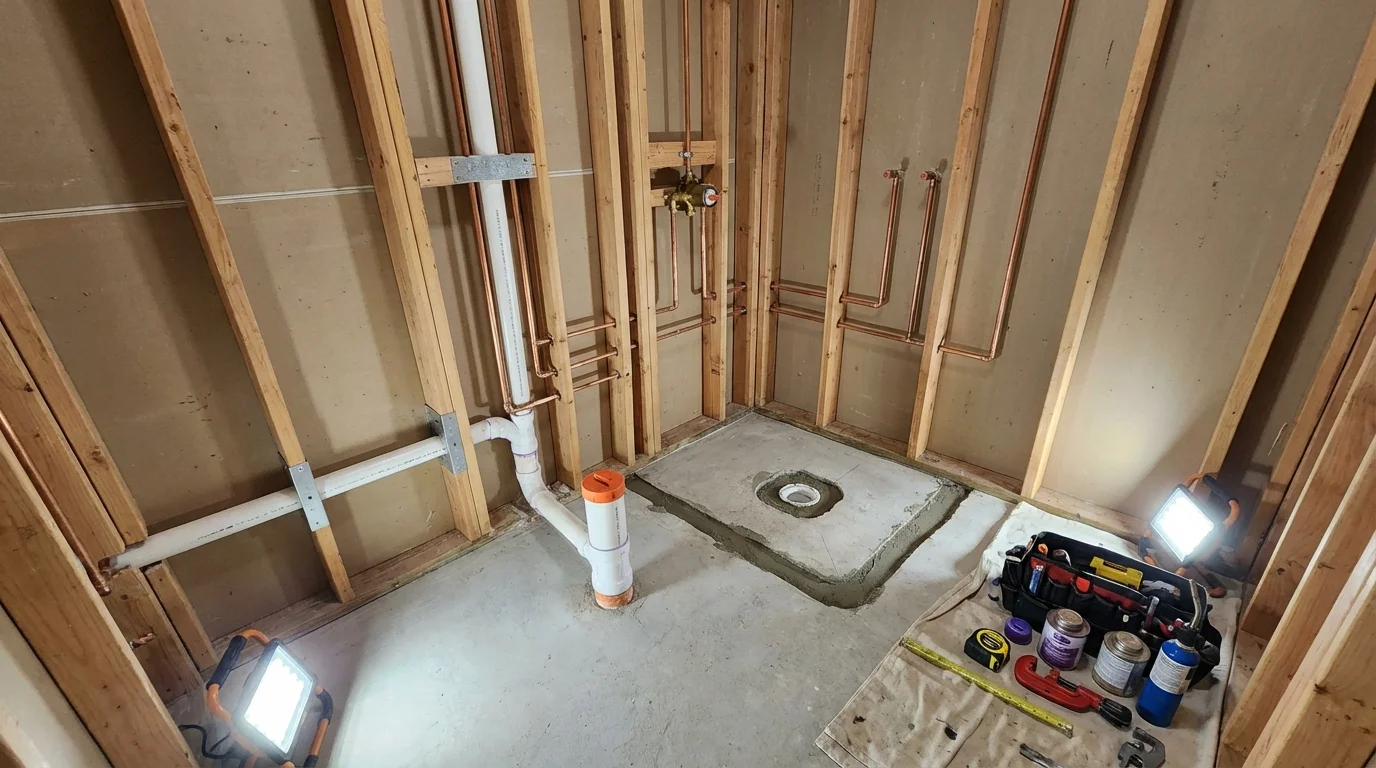 Bathroom rough-in plumbing during remodel by Johns Plumbing LLC in Kingston Springs