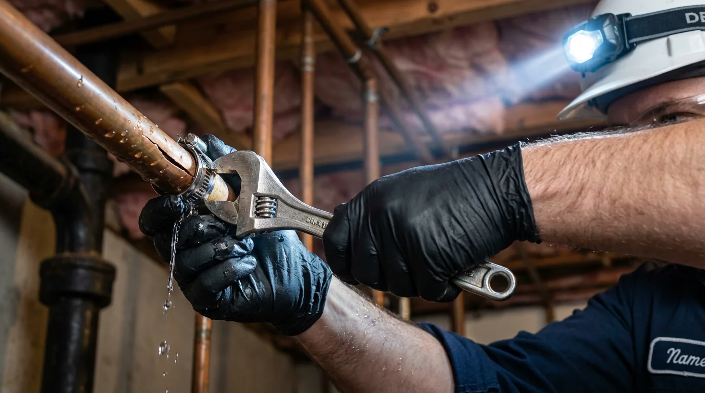 Emergency pipe clamp repair being performed by a Johns Plumbing LLC plumber in Kingston Springs