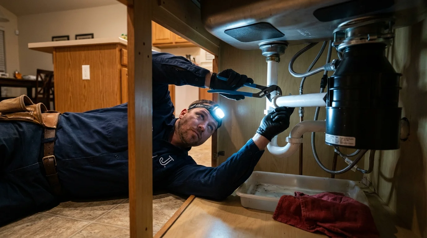 P-trap and supply line connections under a kitchen sink showing a common leak point in Kingston Springs, TN